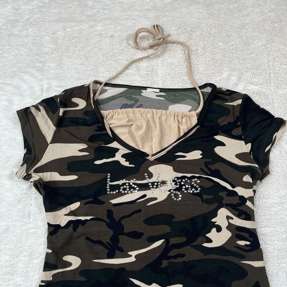 Vintage Y2K Camo Camouflage Rhinestone Las Vegas Halter Tee T Shirt - Picture 2 of 6